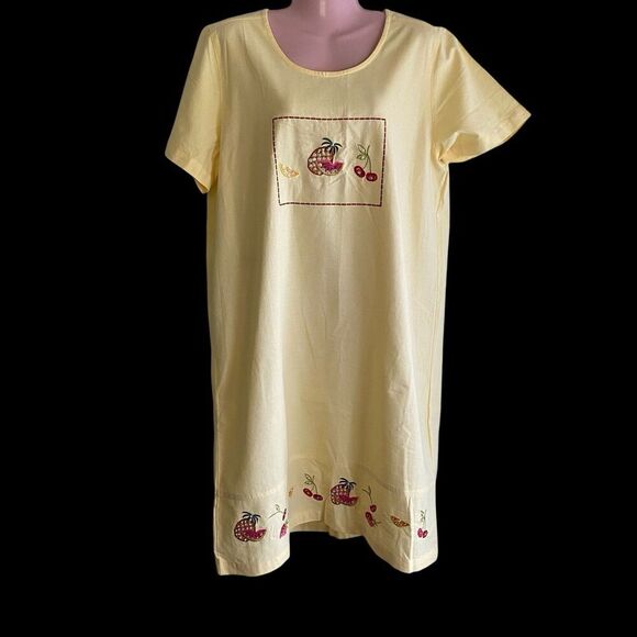 Vtg Jane Ashley Dress Size Large Yellow Fruit Tropical Resort Vacation Beaded - Picture 1 of 7